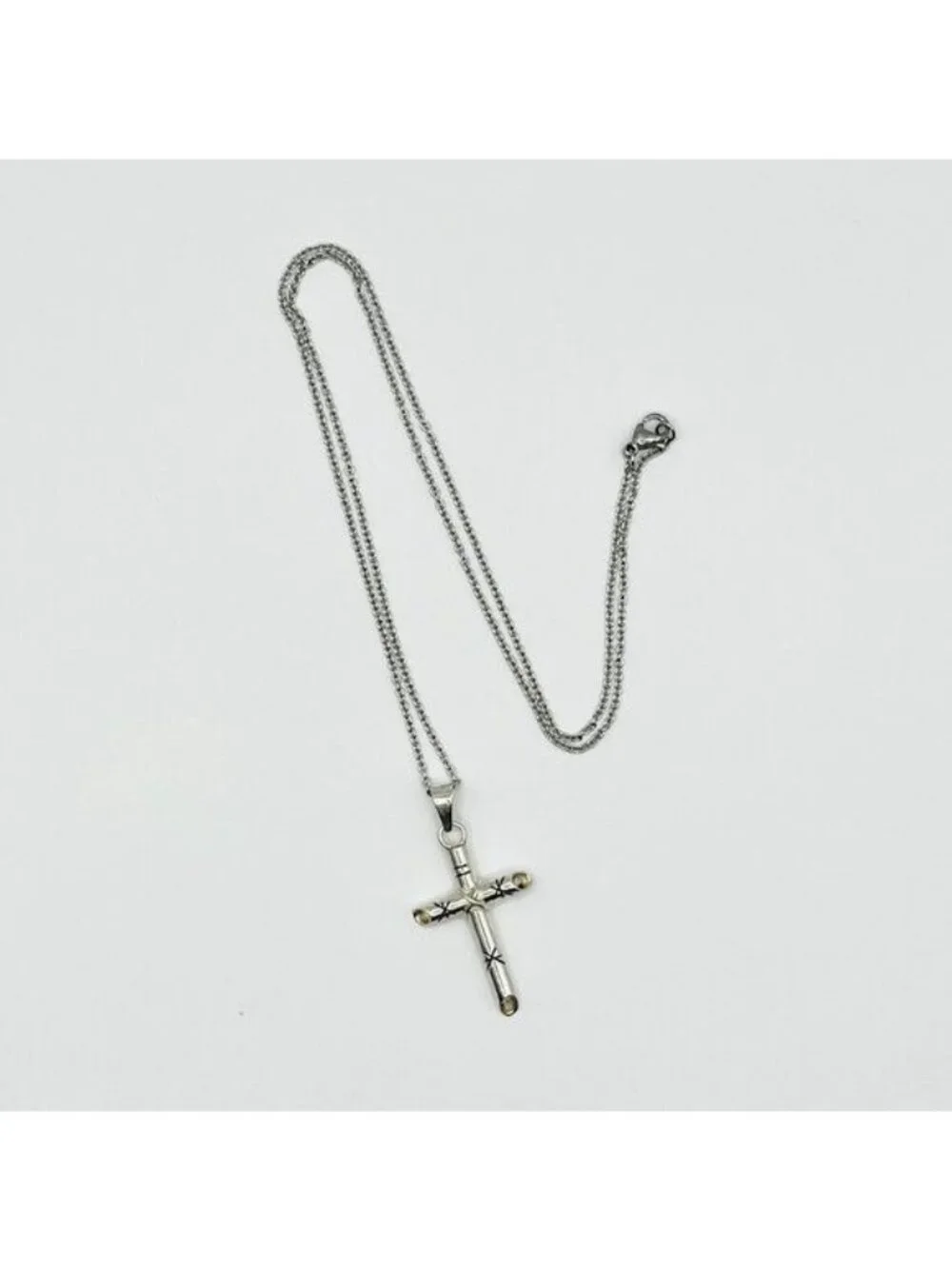 Sterling Silver Cross Pendant Necklace Mexico Starburst Stainless Steel Chain - Picture 2 of 10